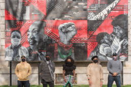 Artists stand by their work for the Murals for the Movement project in front of MFA Boston, from left to right: Victor “Marka27” Quiñonez, Cey Adams, Sophia Dawson, Liza Quiñonez, and Rob Stull.