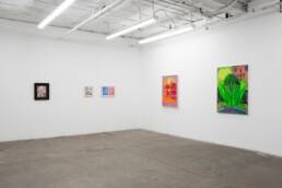 Five works—two paintings, two drawings, and one diptych—are arranged in one corner of a white cube gallery. They vary dramatically in size and include all the colors of the rainbow, but the bright neon painting to the right stands out.