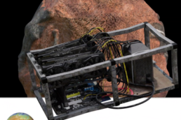 A crypto mining computer hangs in space in front of the logo of a climate prediction research lab